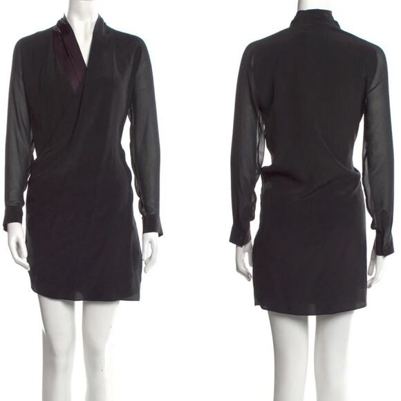 ALLSAINTS Black LBD Long Sheer Sleeve Silk Panel Asymmetrical Ruche Mini Dress 6 - Picture 12 of 13